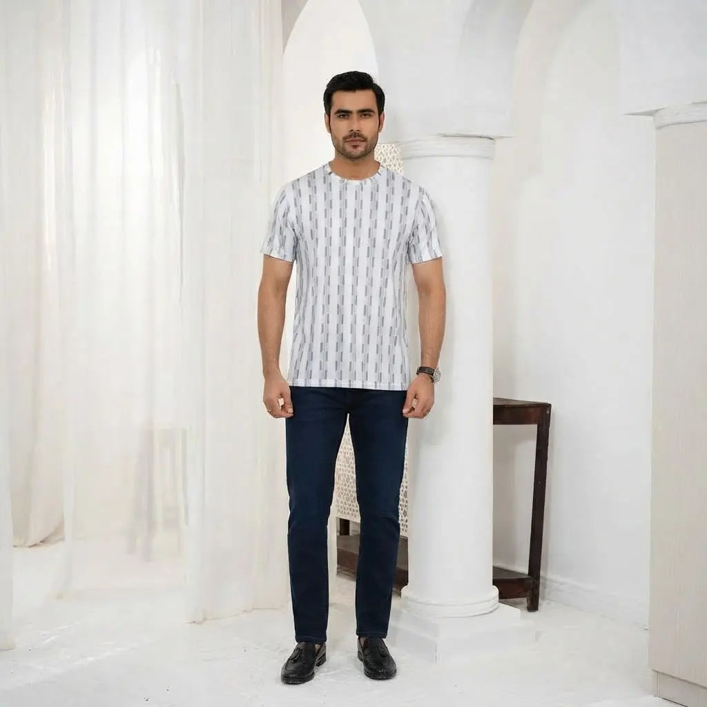 White and Grey Abstract Stripe Print Crewneck T-Shirt