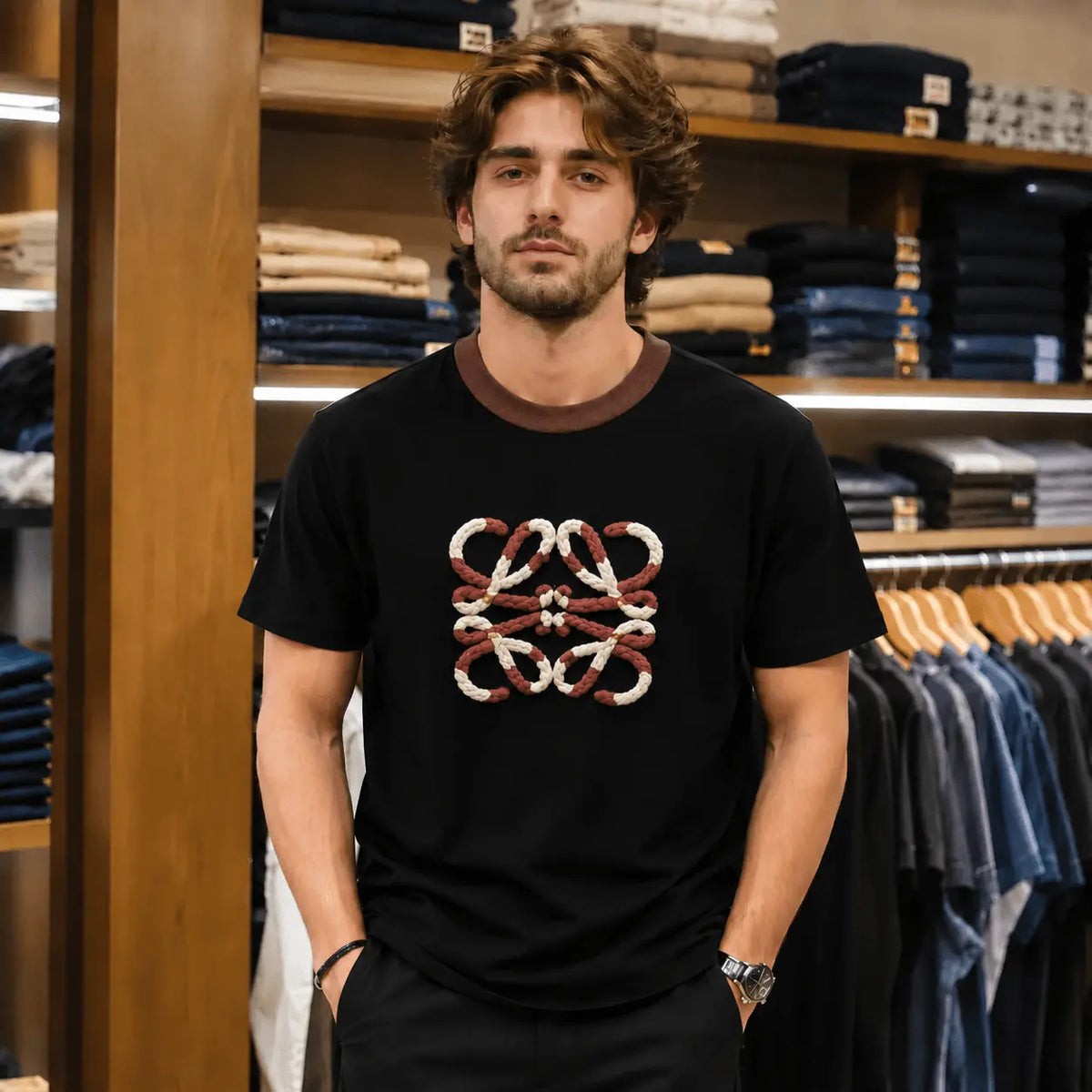 Men's Black Rope Logo Graphic Crew Neck T-Shirt