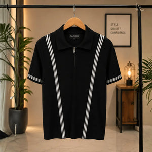 Black Zip-Up Striped Polo Shirt